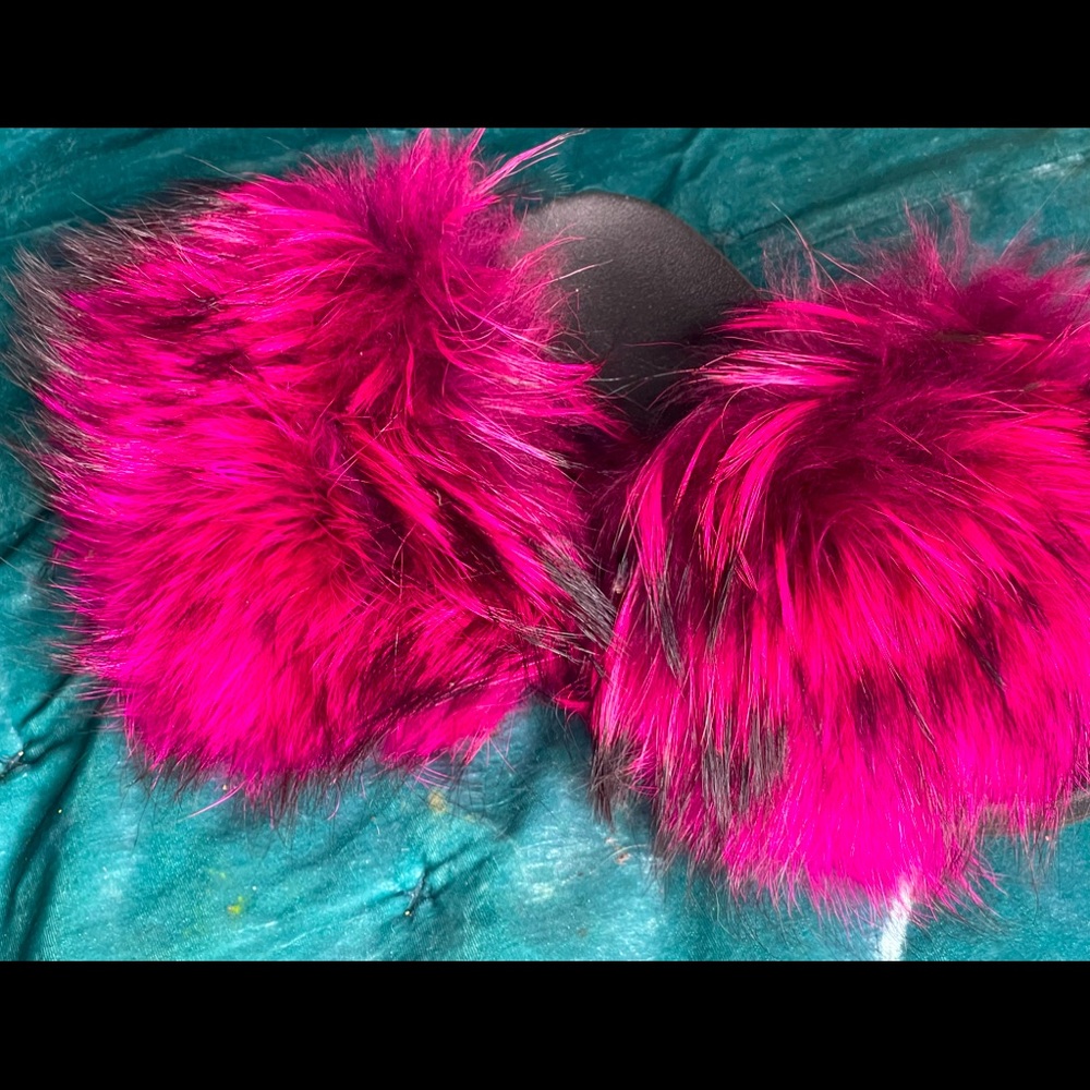 Pink Raccoon Fur Slippers